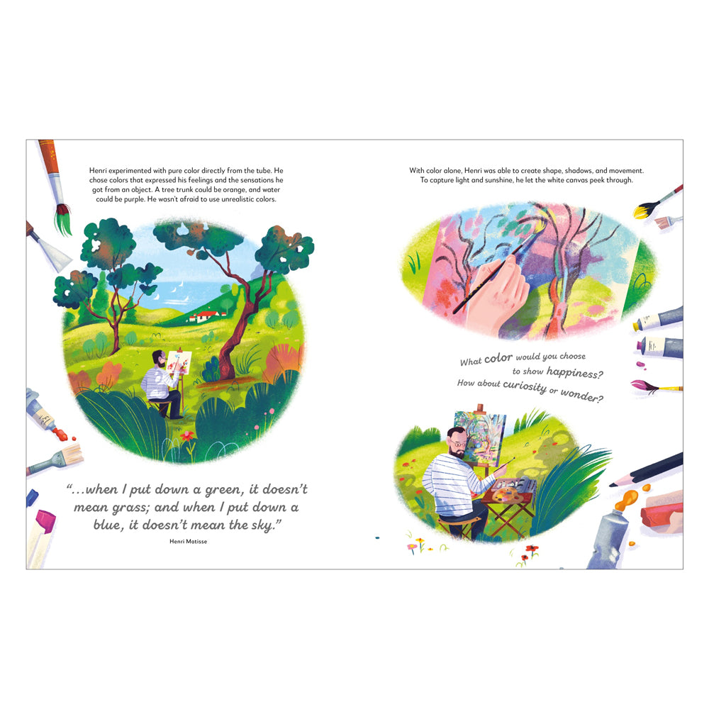 Illustrated book pages with colorful scenes and text about color theory.