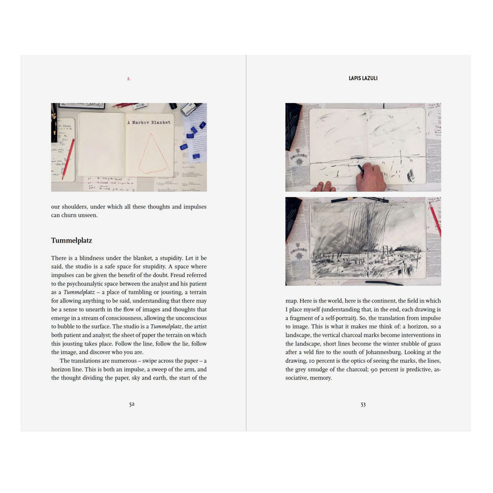 Book open to a page with text and images of a person drawing on paper.