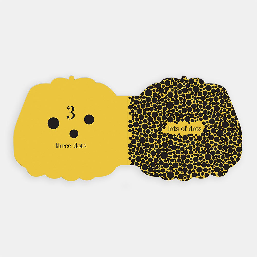 Yellow and black interior spread with 'three dots' and 'lots of dots' text on a light gray background