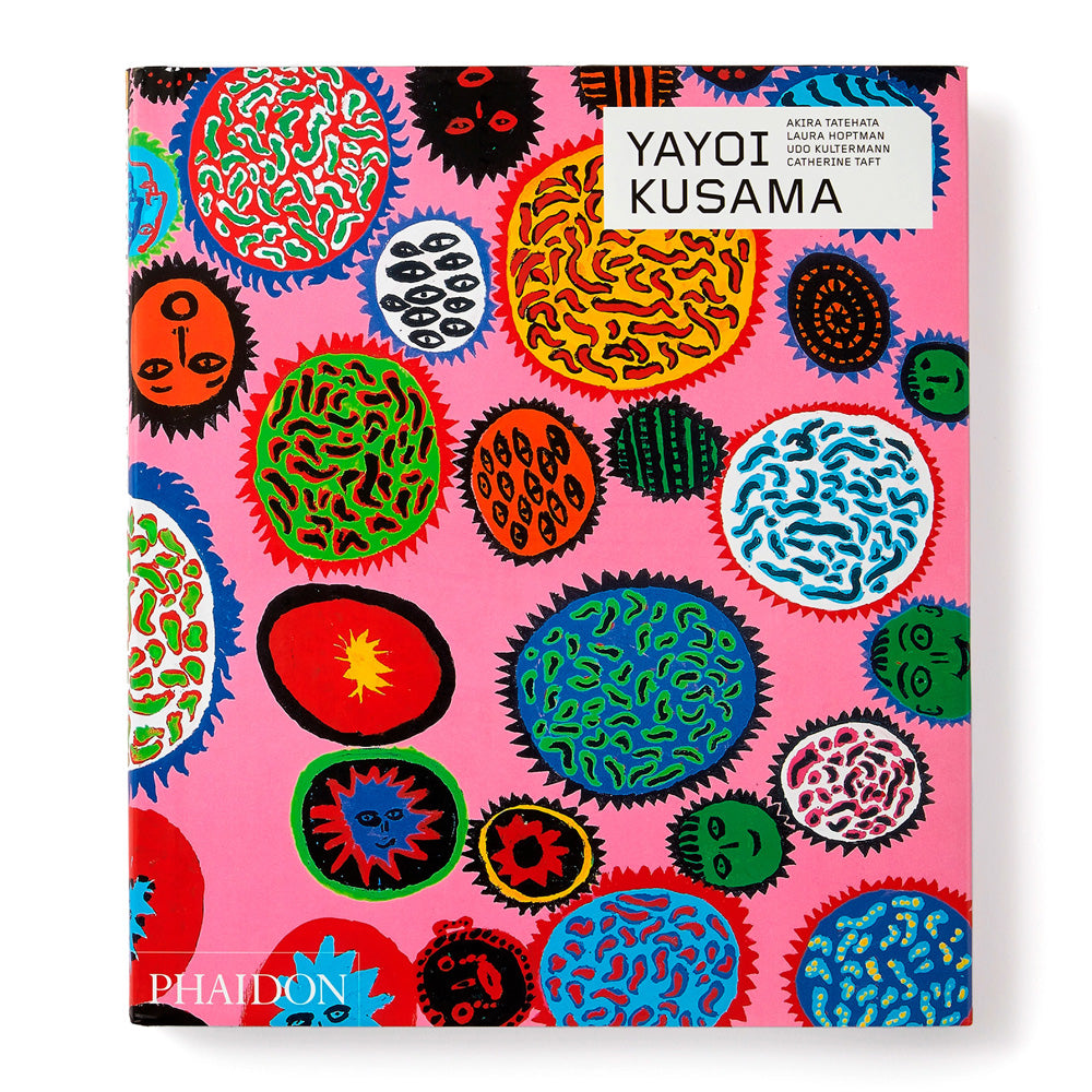 &#39;Phaidon Yayoi Kusama&#39; book cover with Kusama&#39;s illustration.