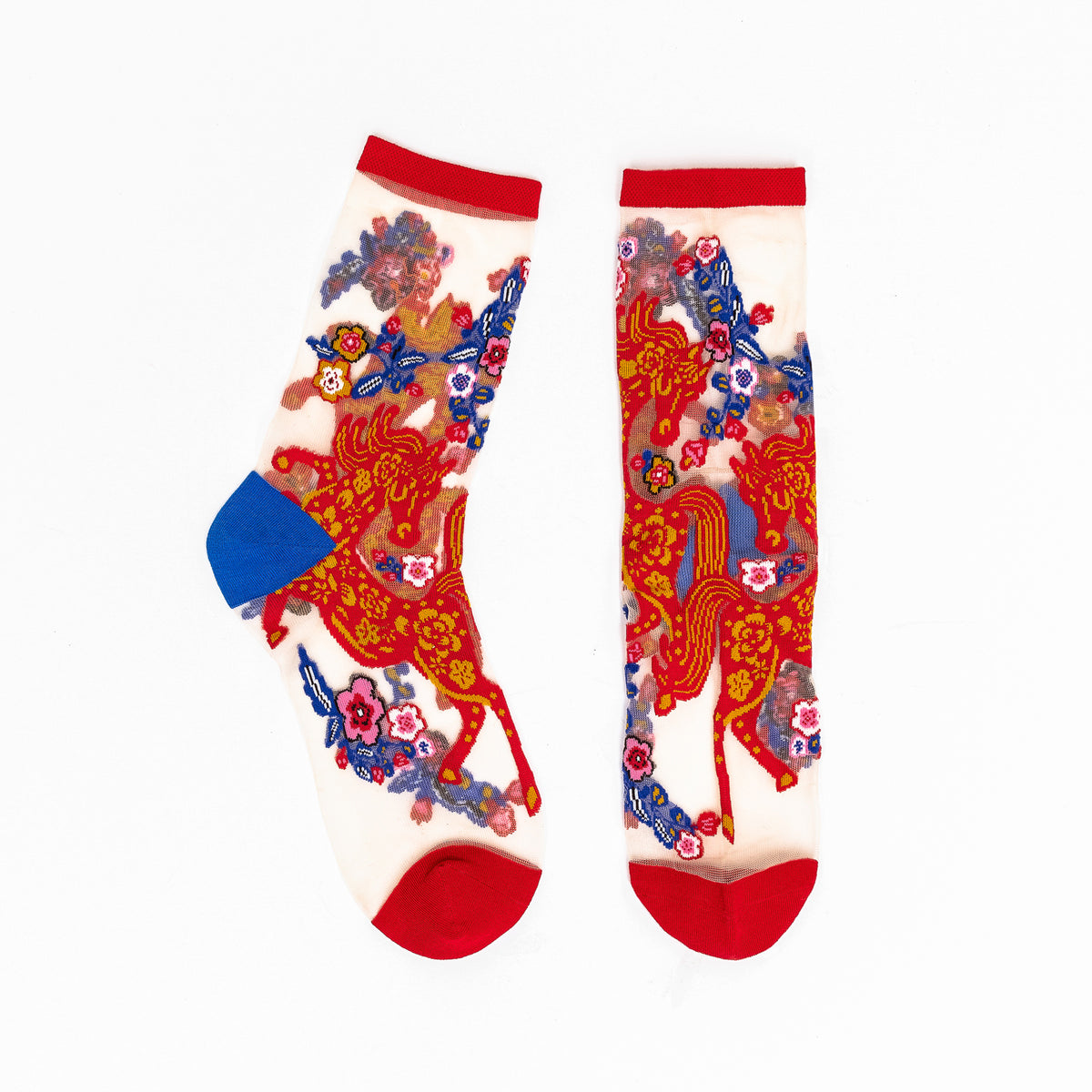 Colorful socks with a horse design on a white background