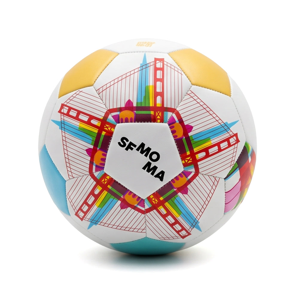 Colorful soccer ball with 'SFMOMA' branding on a white background