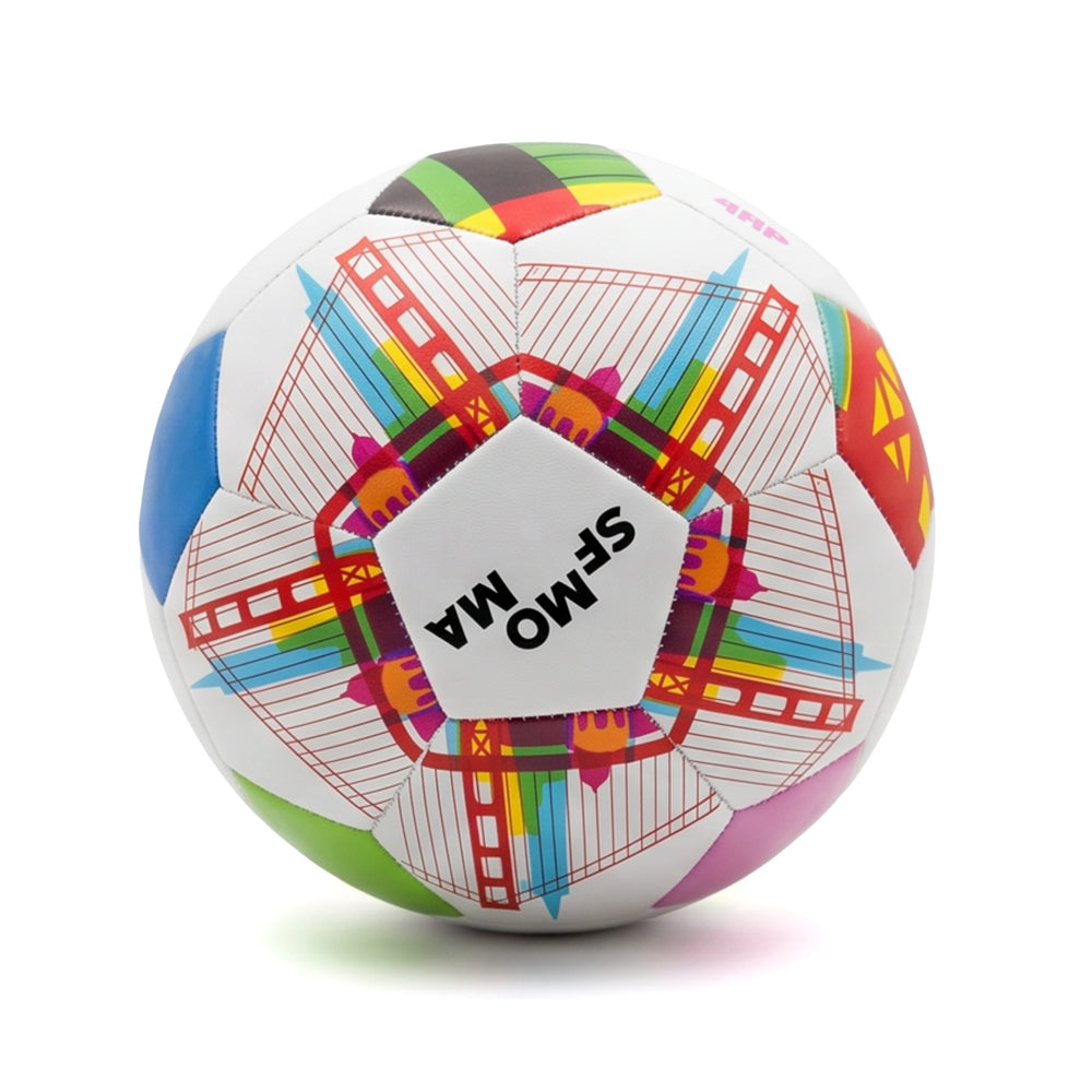 Colorful soccer ball with 'SFMOMA' branding on a white background