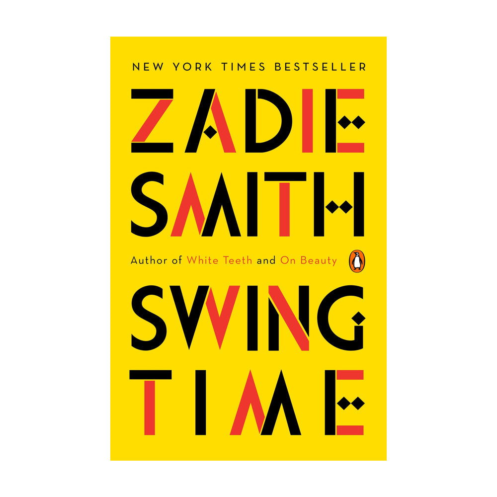 Front cover of the book 'Swing Time' by Zadie Smith, featuring a bright yellow background with large black and coral-red typography.