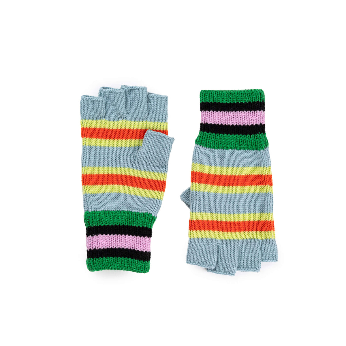 A pair of fingerless knit gloves with horizontal stripes in light blue, green, yellow, orange, pink, and black, displayed on a clean white background.