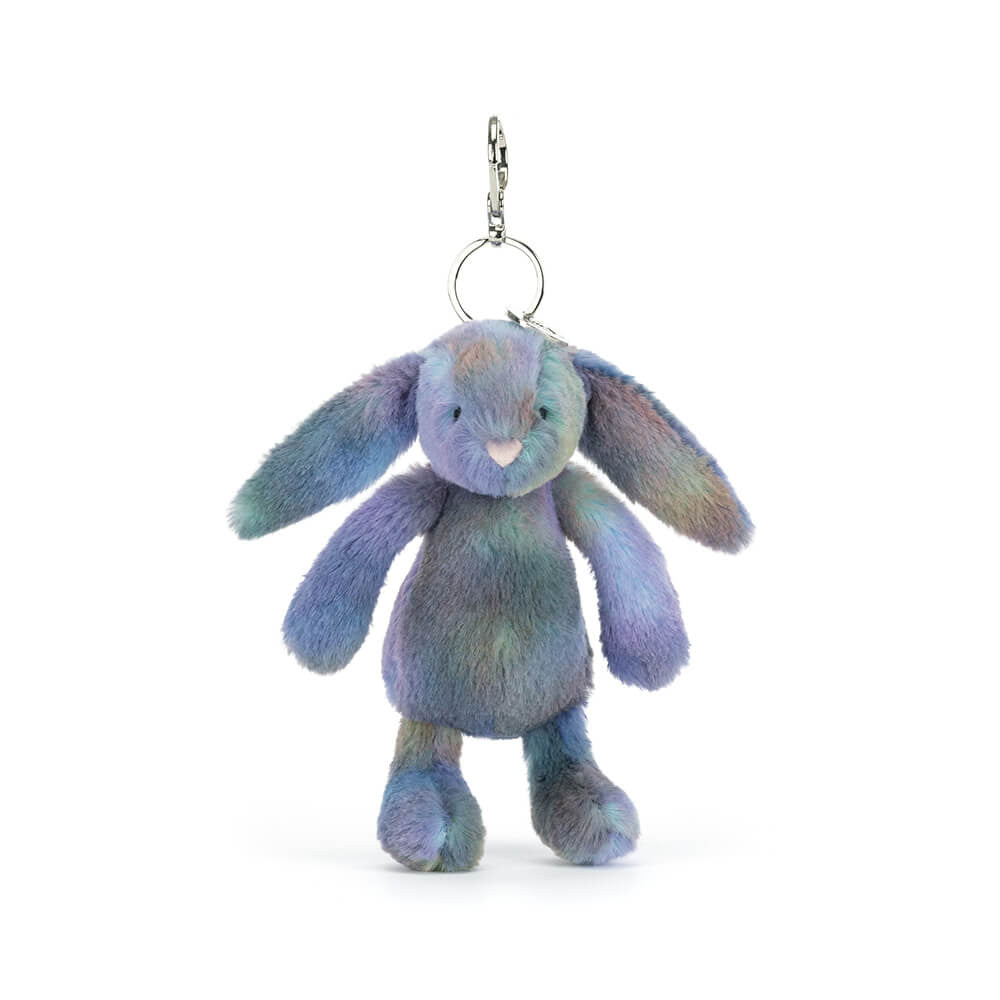 Multicolored bunny keychain on a white background