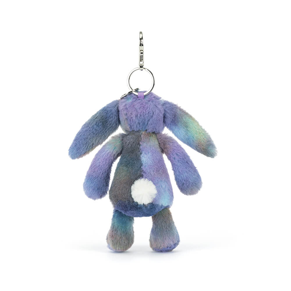 Multicolored plush bunny keychain on a white background