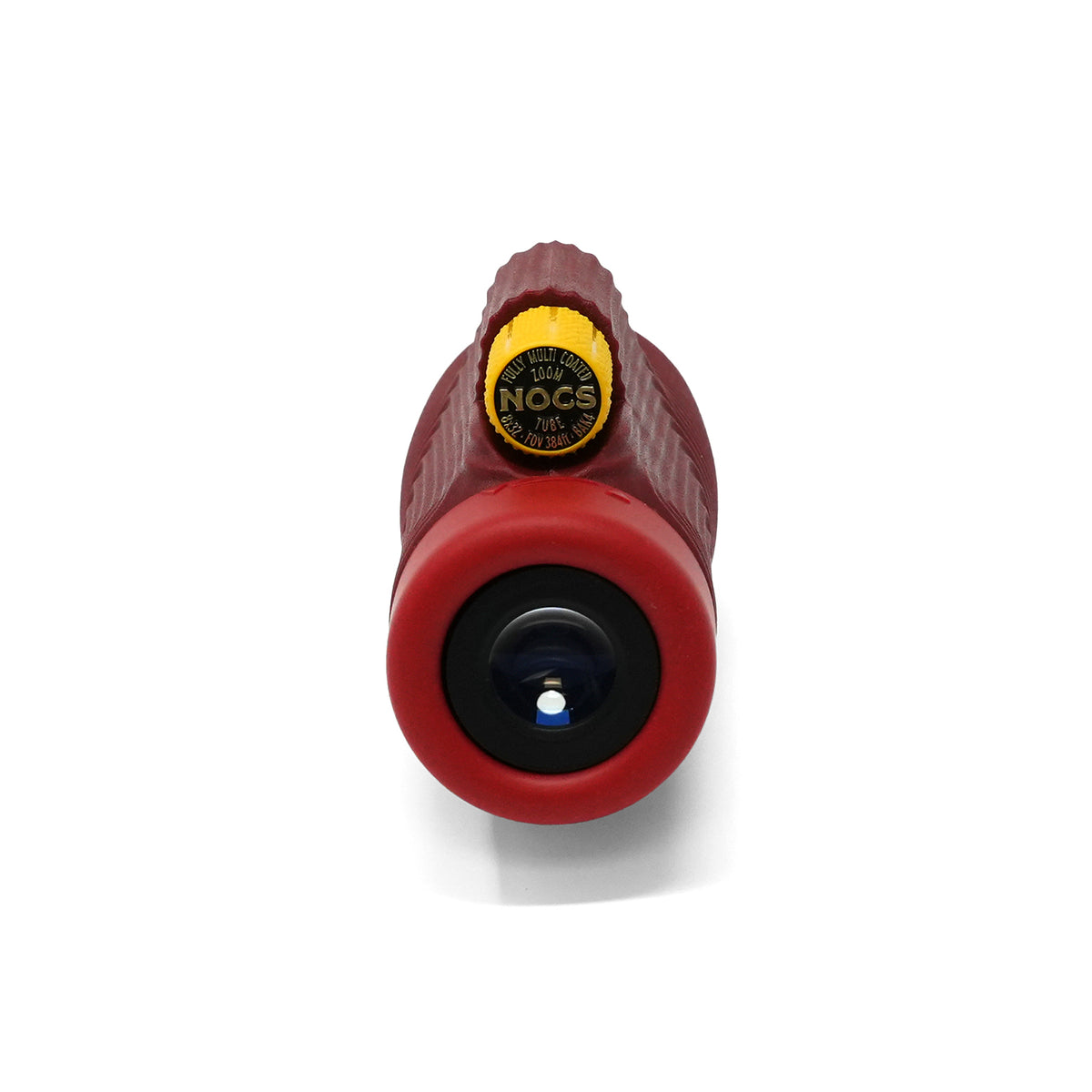 A red Nocs No. 6 monocular with a textured handle and a yellow collar, shown from a top-down perspective on a white background.