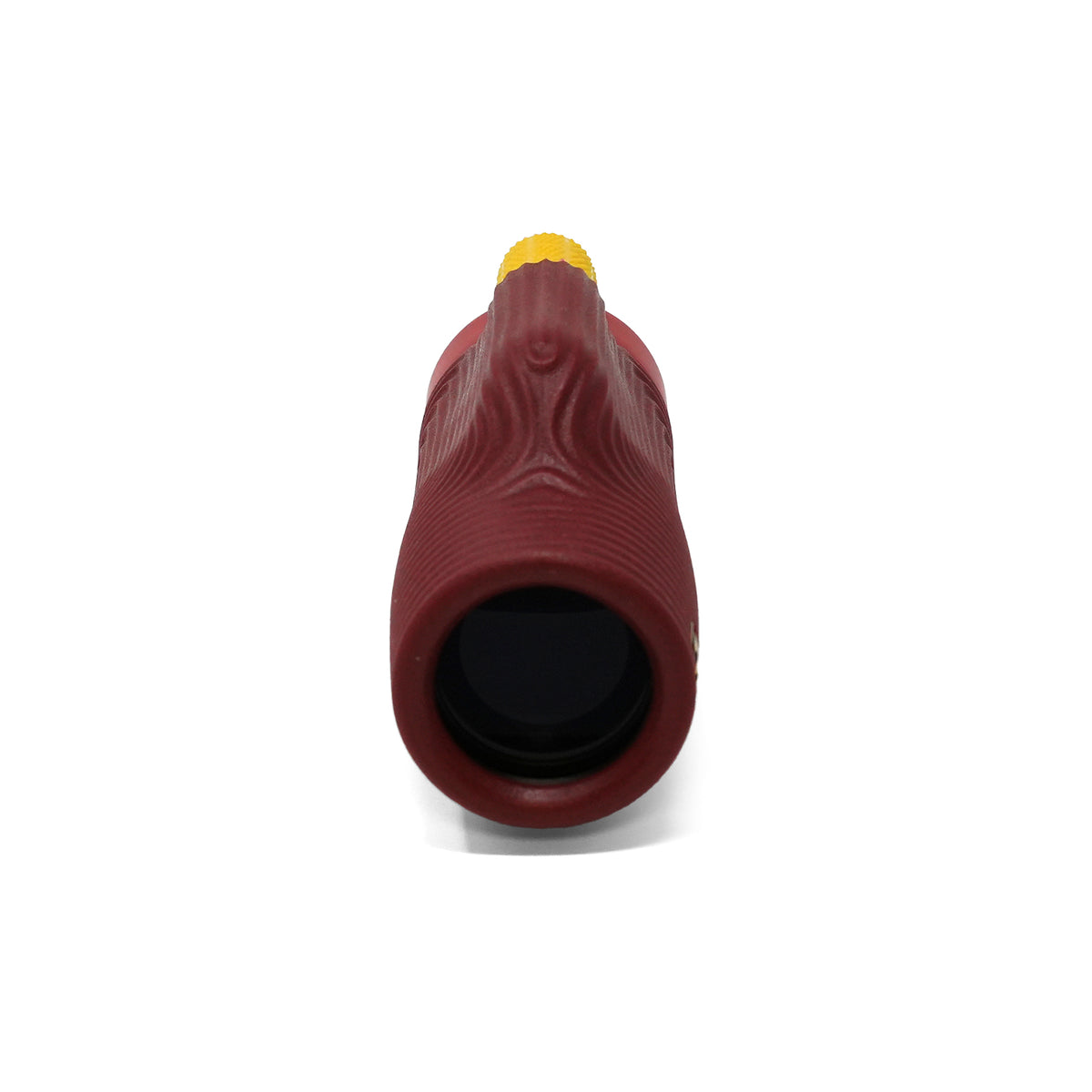 A close-up shot of a red textured cylindrical monocular set against a plain white background.