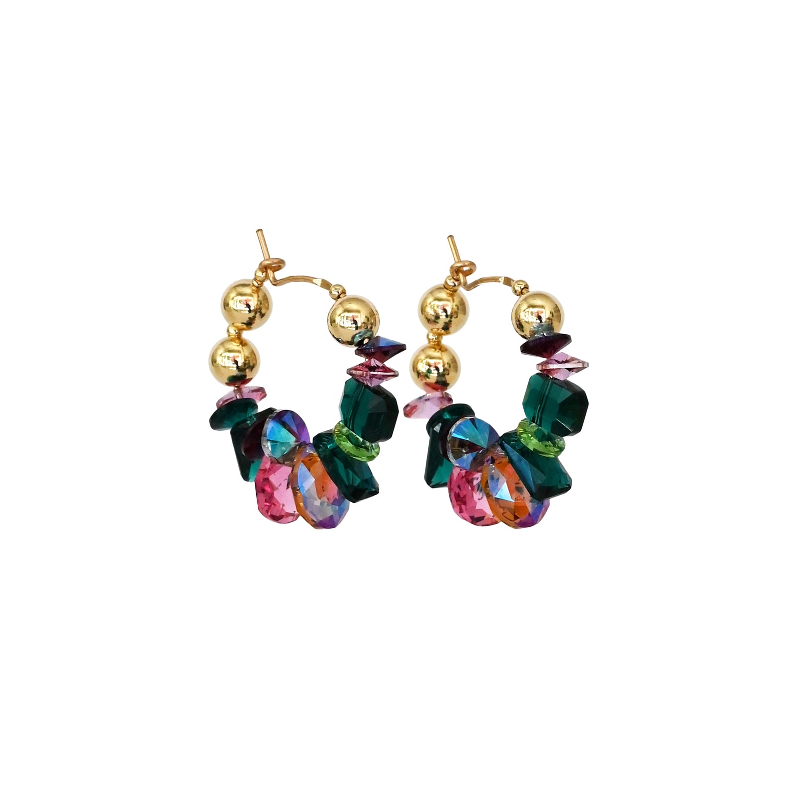 Colorful beaded hoop earrings with gold accents on a white background