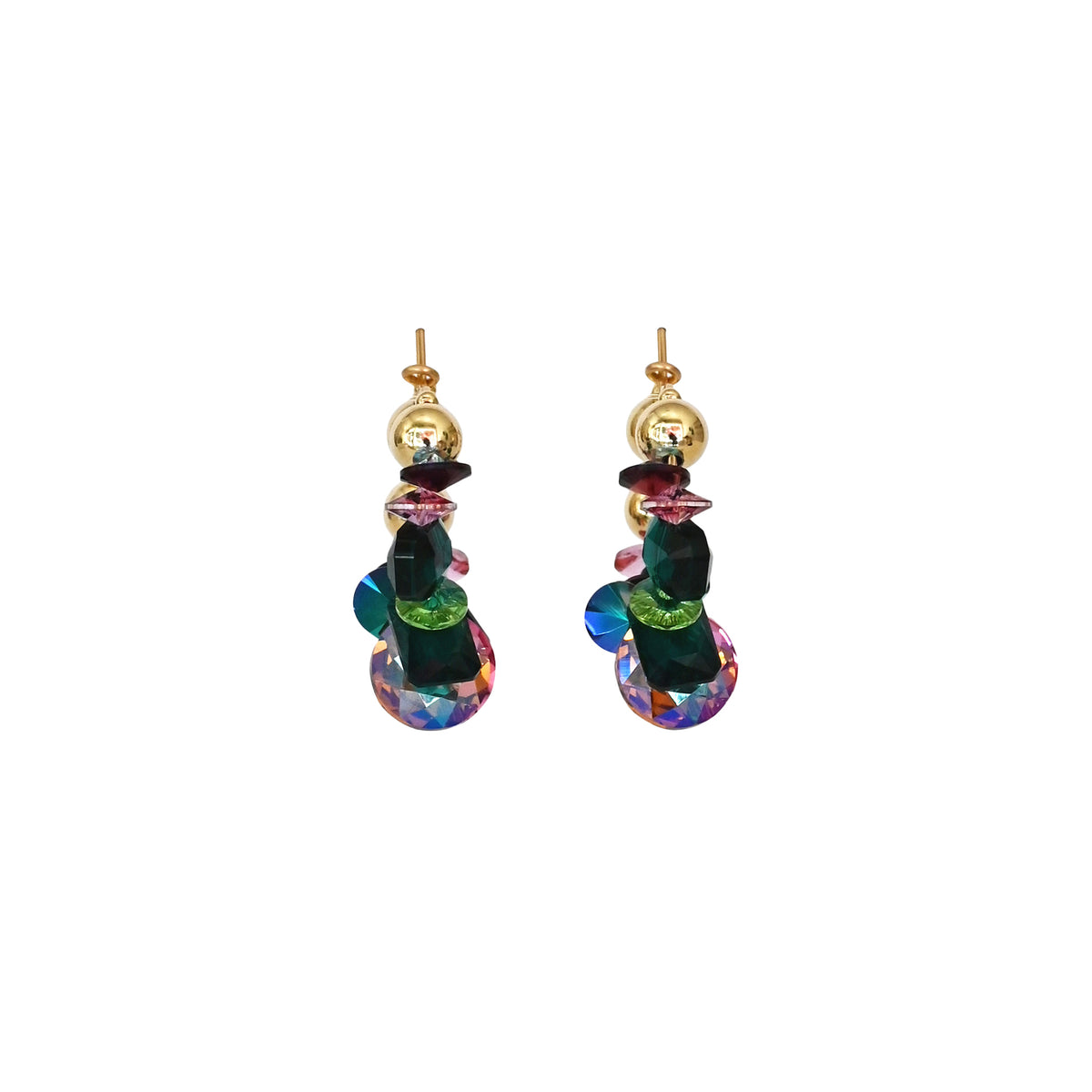 Multicolored beaded earrings with gold accents on a white background