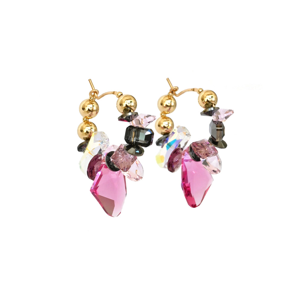 Gold hoop earrings with pink and multicolored gemstones on a white background