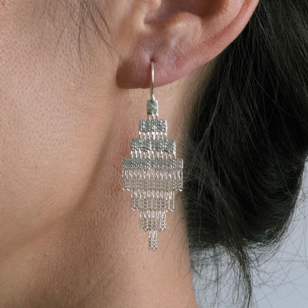 Close-up model wearing earrings.