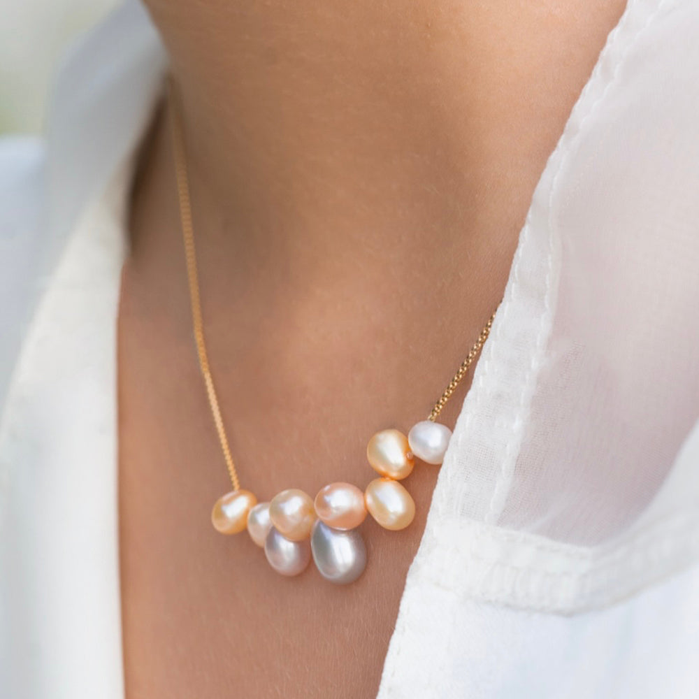 Close-up view of pearls on necklace.