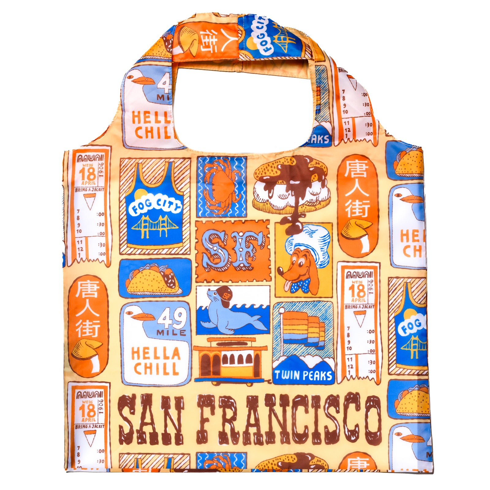 Reusable shopping bag with San Francisco-themed design on a white background