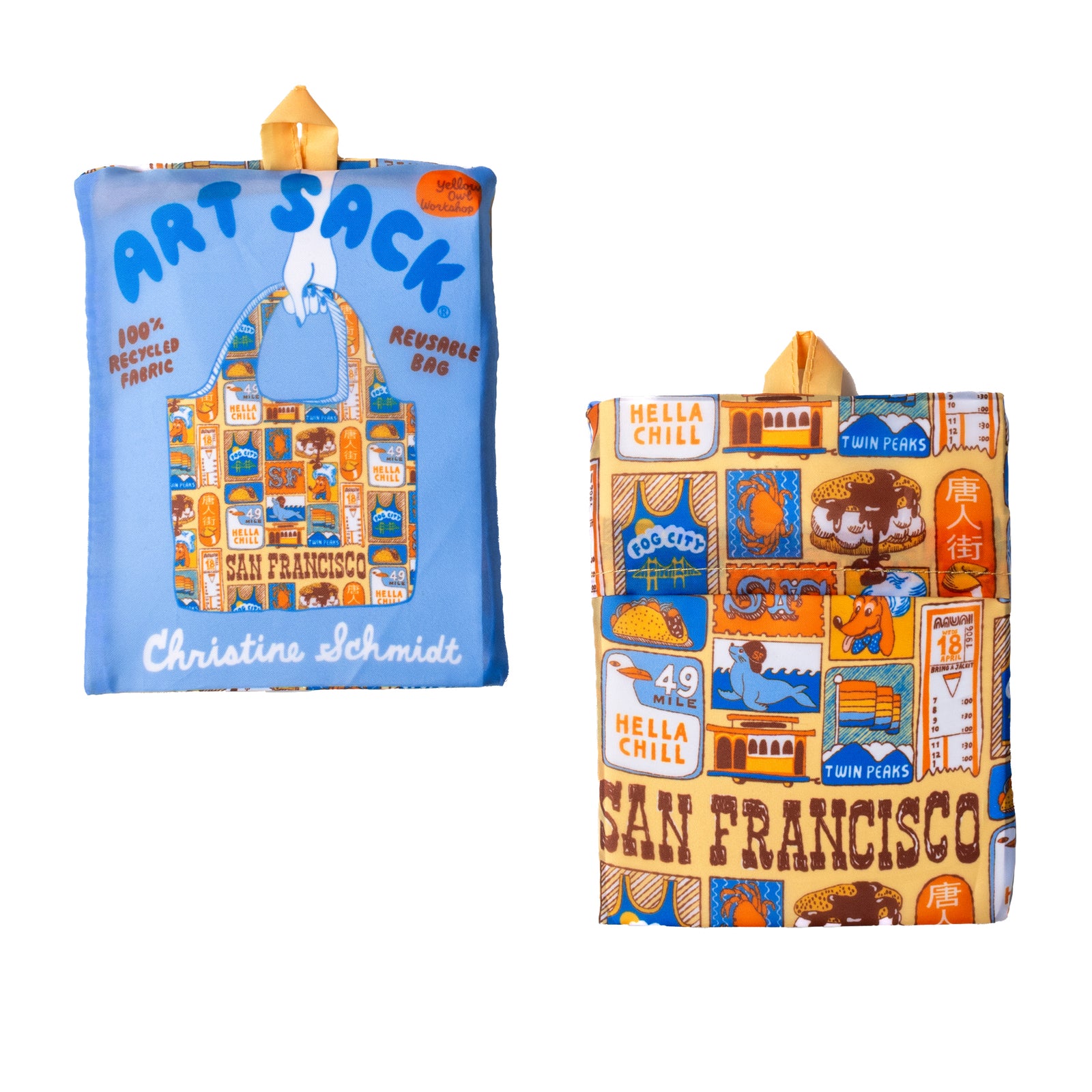Reusable shopping bag with San Francisco-themed design on a white background