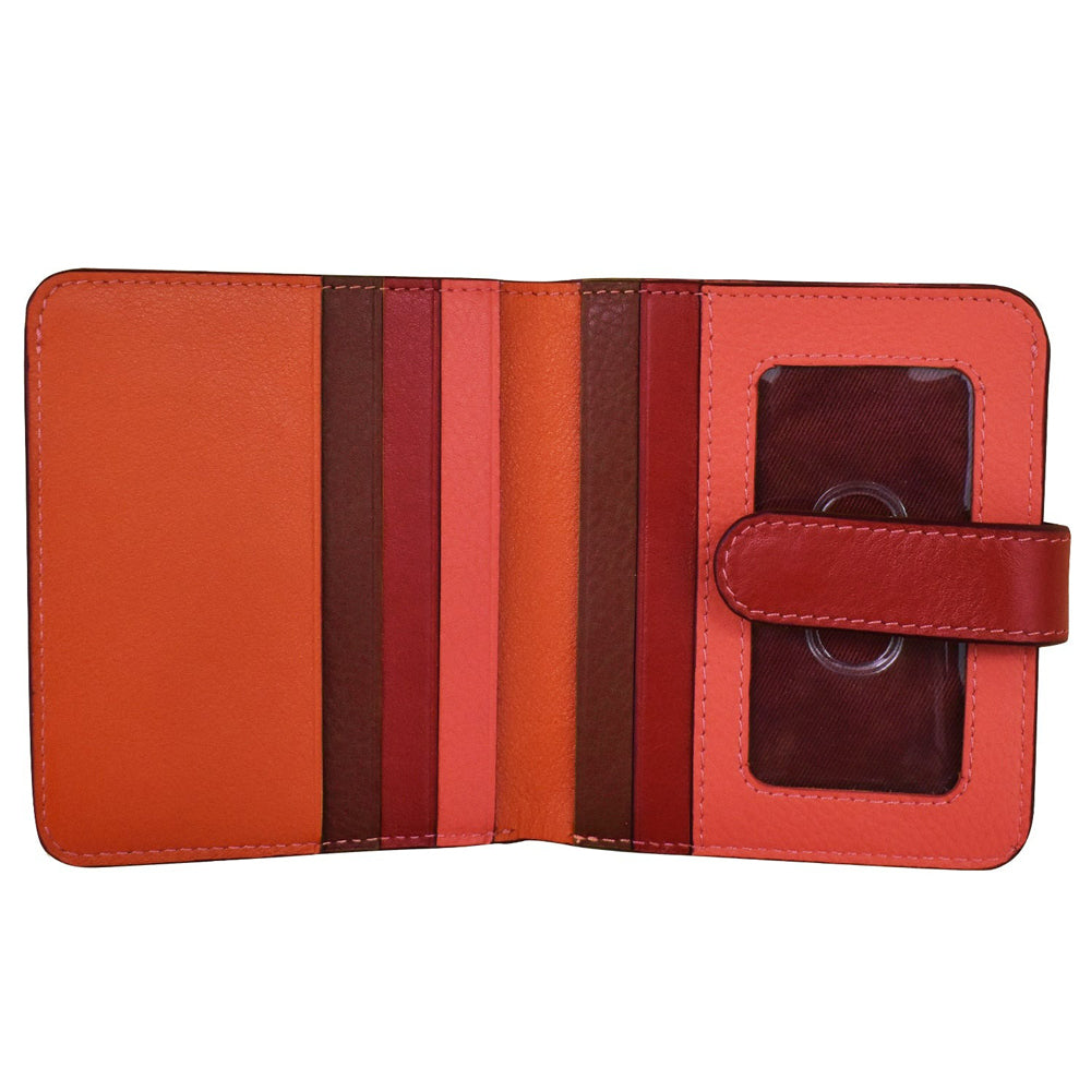 Two-tone red and orange wallet with a strap on a white background