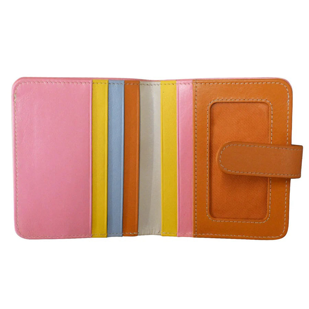 Multicolored wallet with a pink base, yellow band, and orange strap on a white background