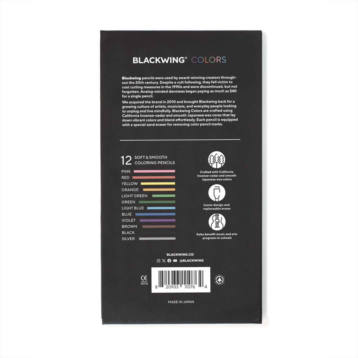 Blackwing Colors coloring pencils set with rainbow-colored leads on a black packaging.