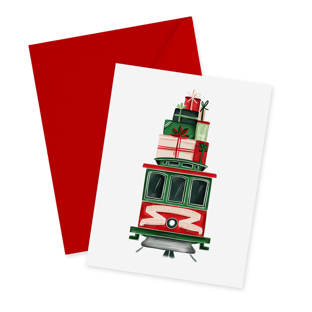 Cable Car with Gifts Holiday Card with red envelope.