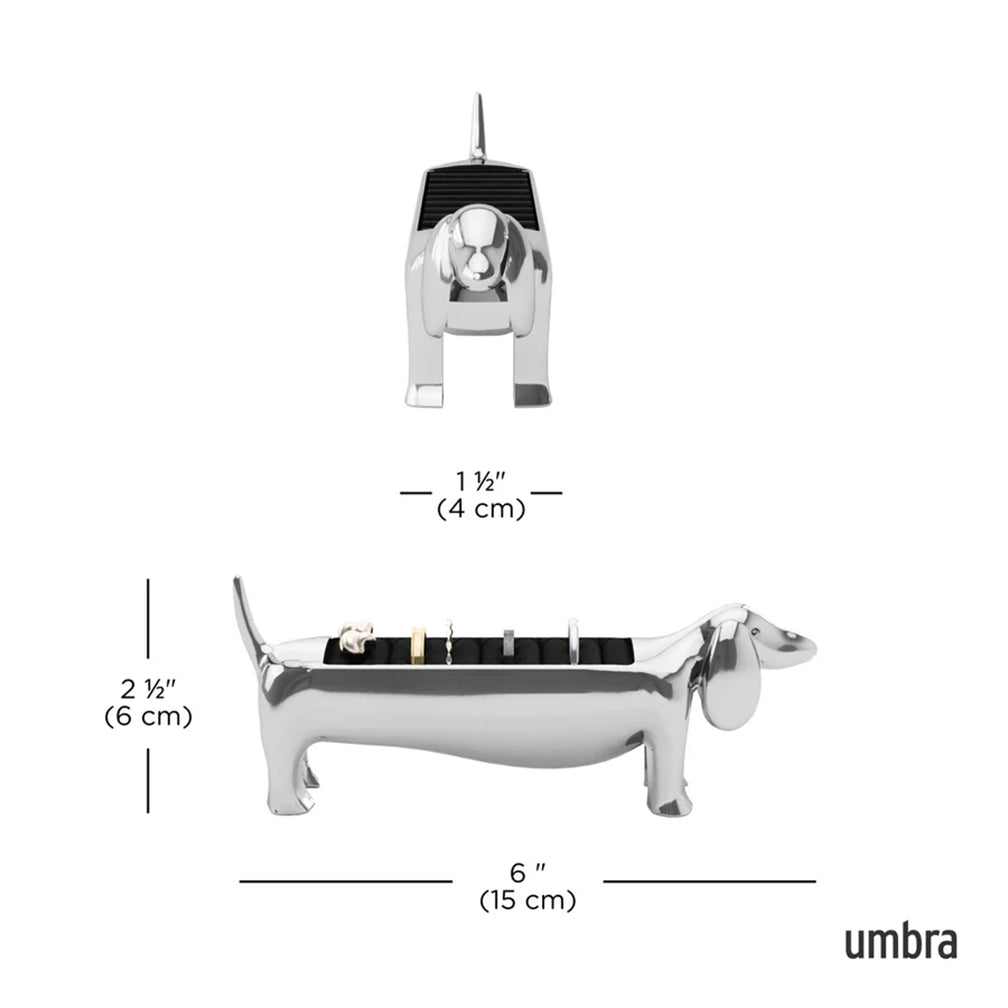 Measurement chart of a dog-shaped metal object with 'umbra' branding.