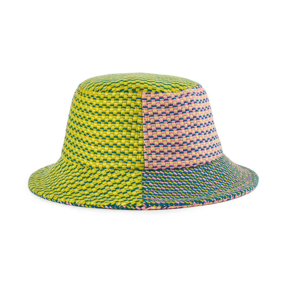Colorful bucket hat with patchwork design on a white background