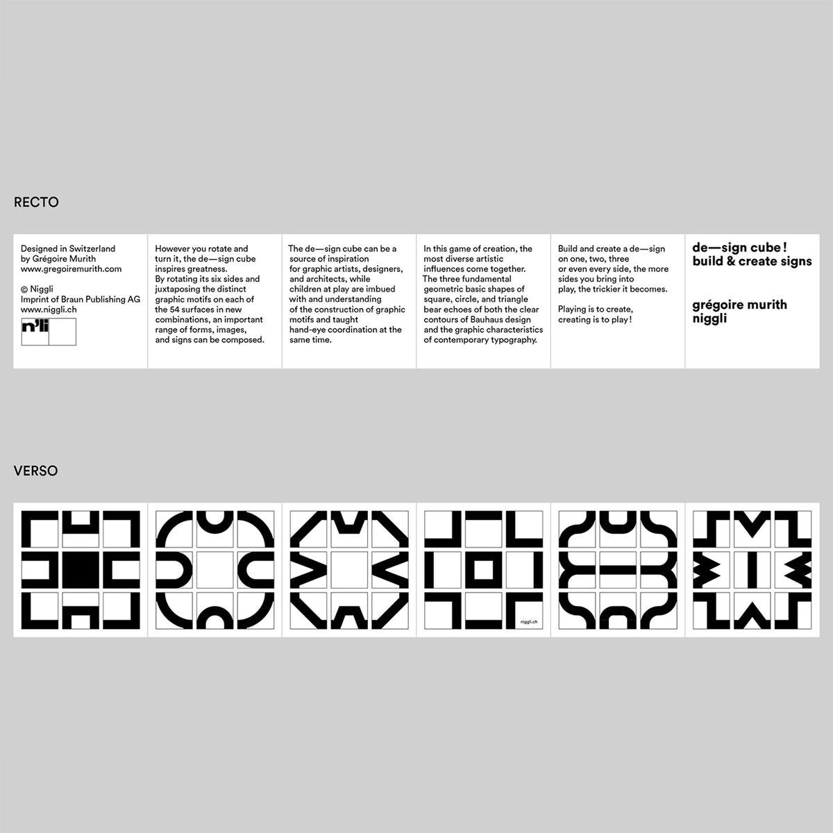 A product presentation of a graphic design set featuring a 'RECTO' and 'VERSO' booklet or guide. The top section shows a white booklet with black text columns under the headings 'RECTO' and 'VERSO', while the bottom section displays a black-and-white geometric logo design labeled 'de-sign cube! build & create signs' and 'grégor murrh niggli'.