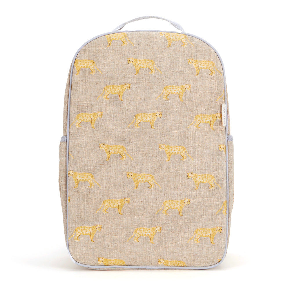Three-quarter view backpack with golden panther print.
