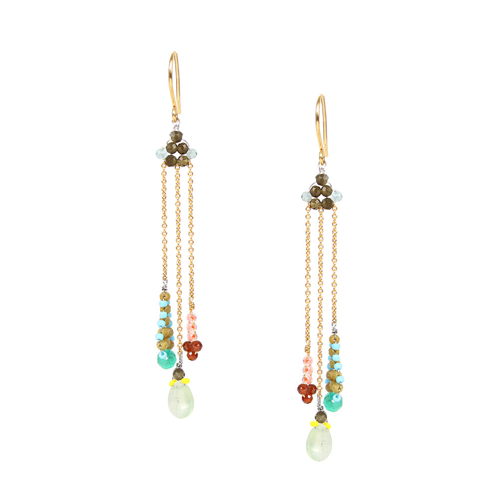 Earrings with semi precious stones and glass beadson display.