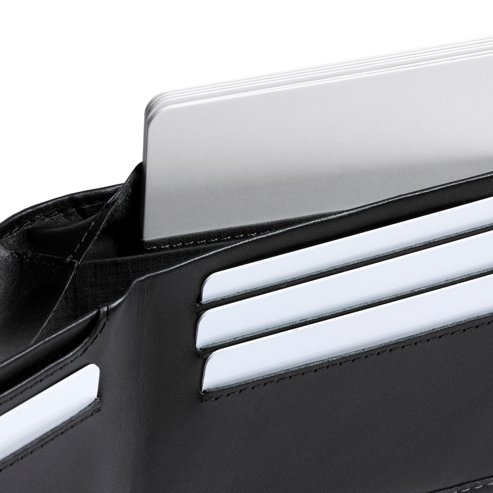 Close-up view of fold and card pockets in wallet.