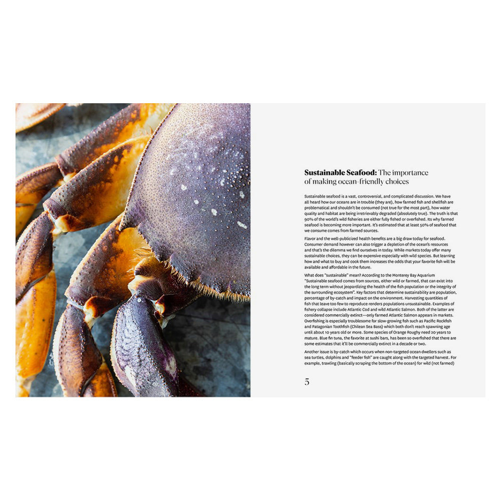 Interior spread; photo of crab and intro text on Sustainable Seafood.