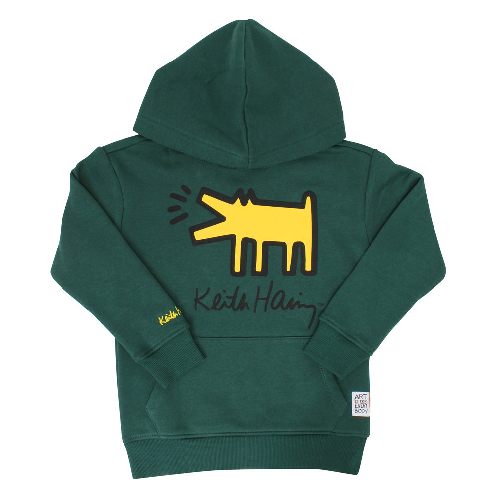 Green Keith Haring Yellow Dog Kids Hoodie - front view