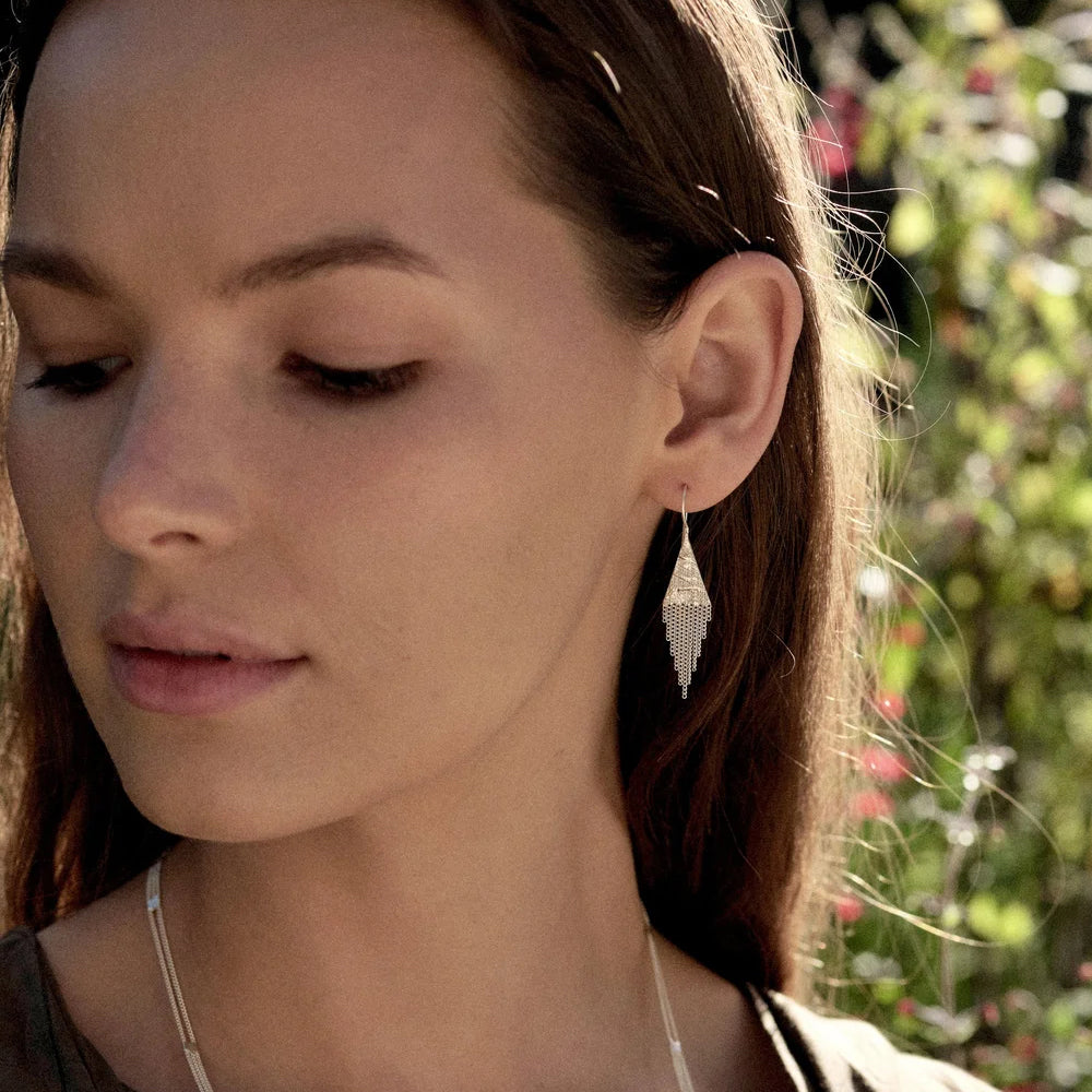 Pair of silver earrings on a black background