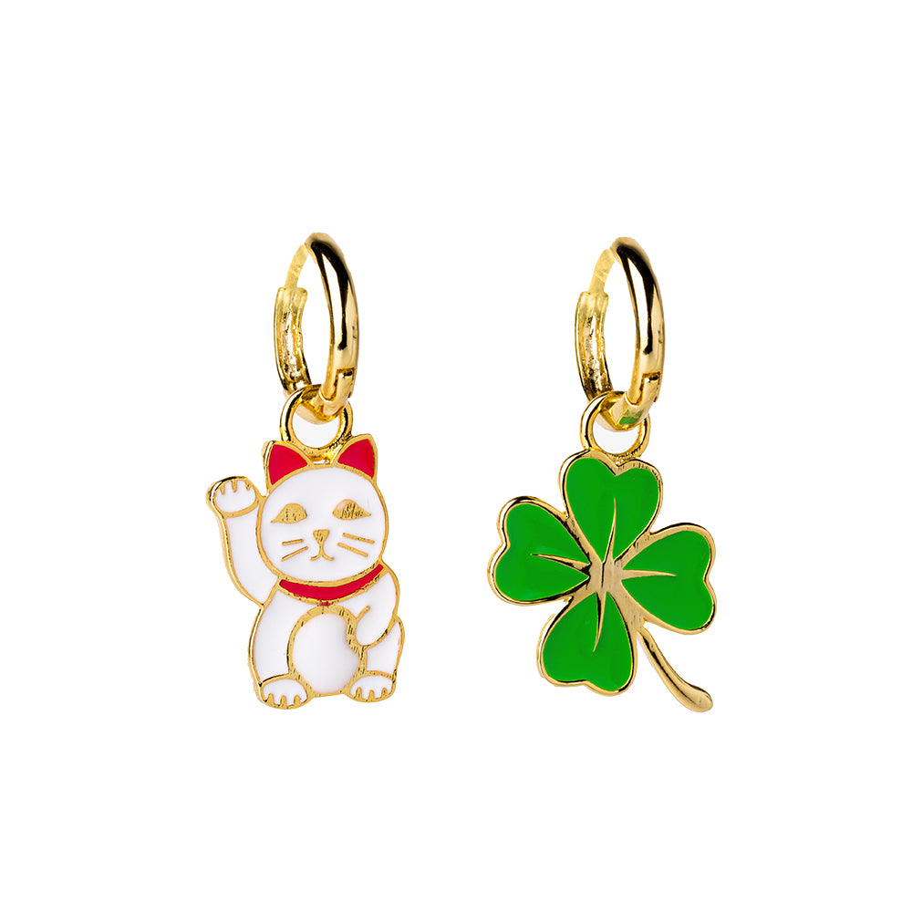 Lucky Cat + Clover Hoop Earrings