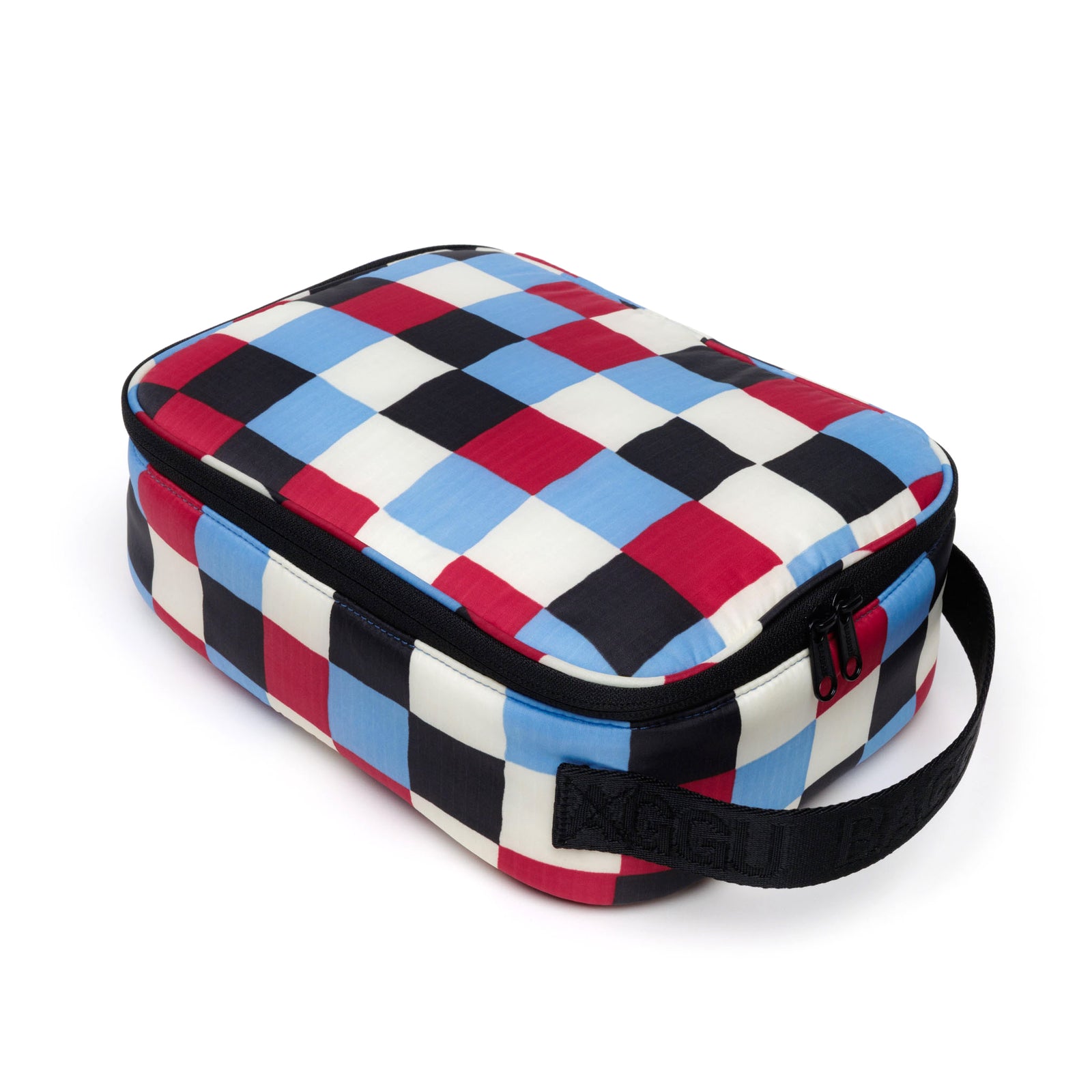 Checkered rectangular pouch with a handle on a white background