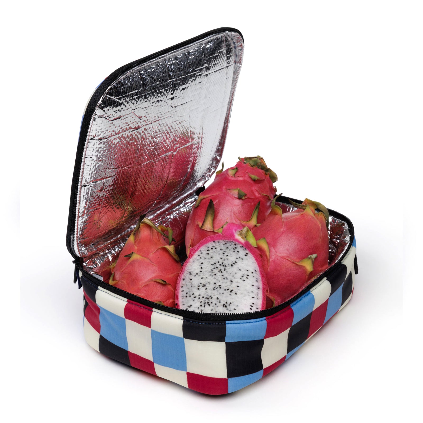 Checkered rectangular pouch with a handle on a white background