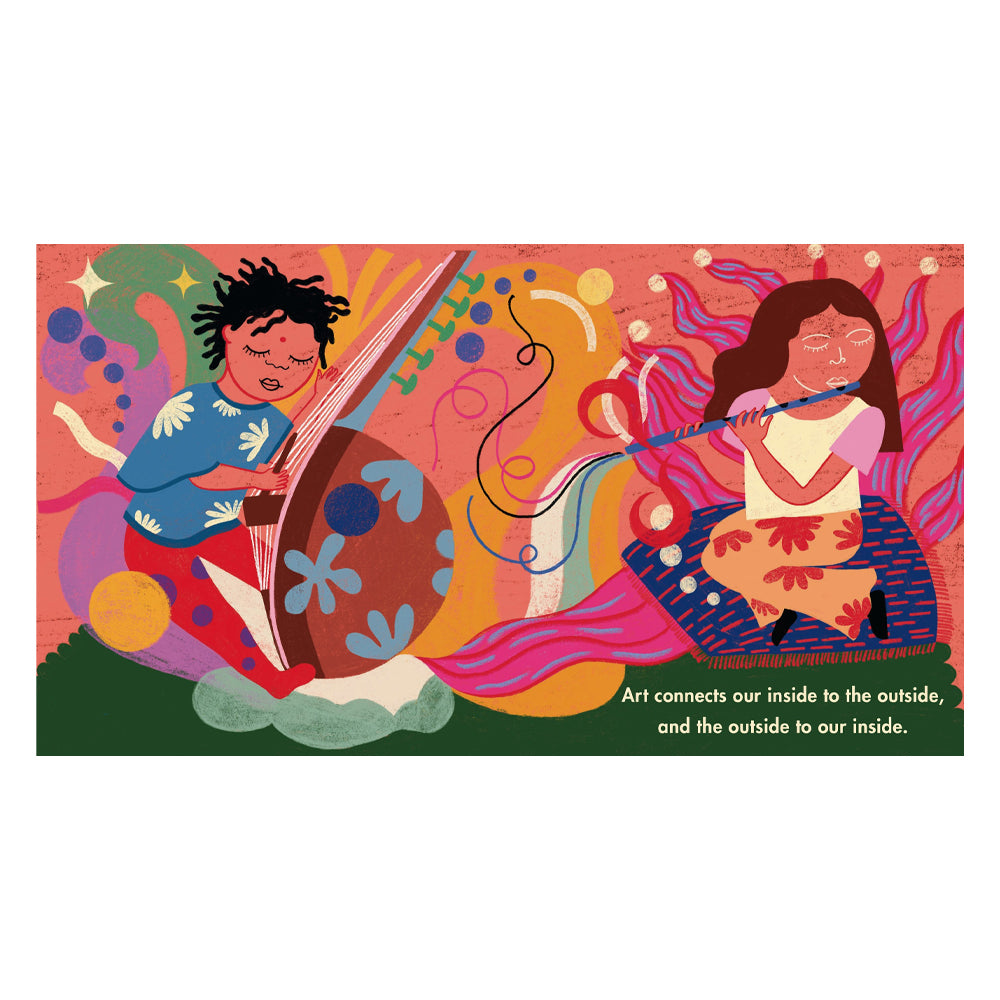 Colorful illustration of two people playing instruments with abstract designs and text on a white background.