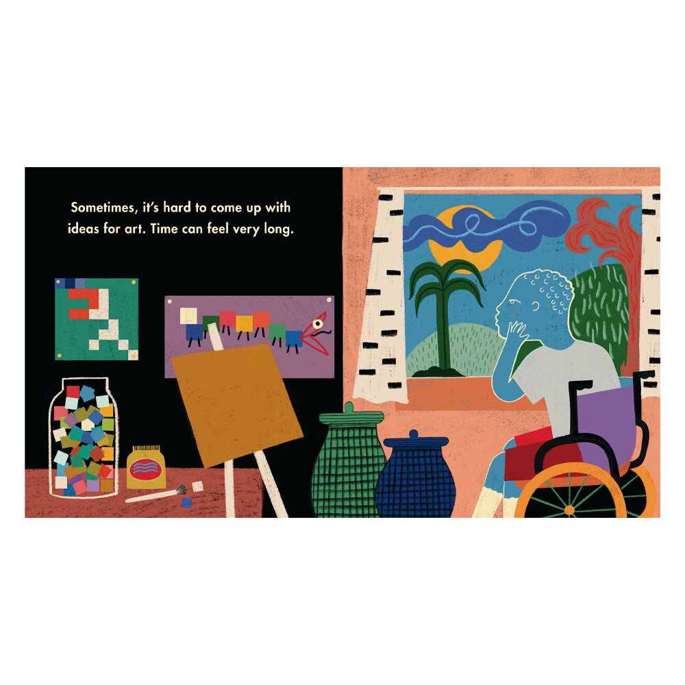 Illustration of art supplies and a colorful painting with text about finding ideas for art.