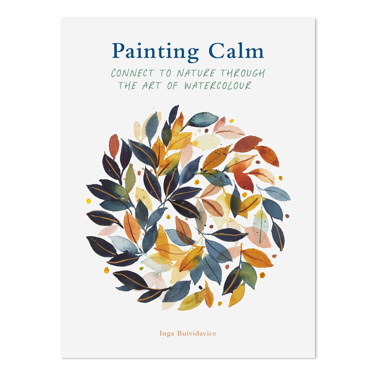 Book cover of 'Painting Calm' with watercolor leaf design on a white background