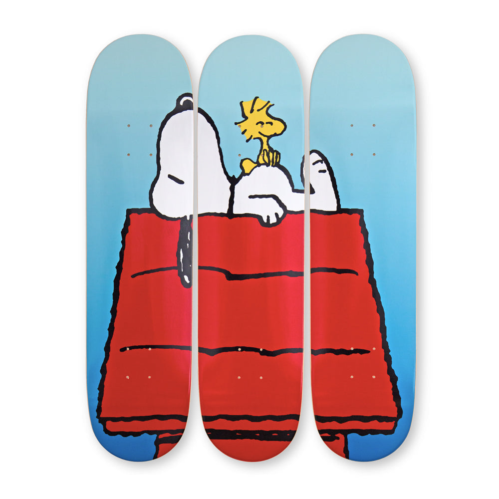 Skateboard deck with Snoopy and Woodstock design on a blue background