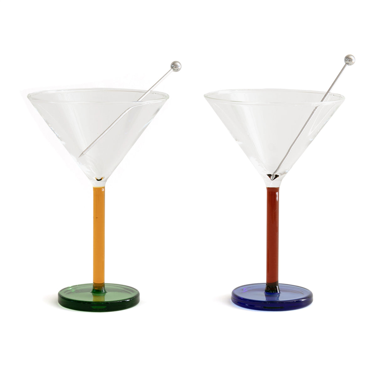 Two martini glasses with colorful bases on a white background