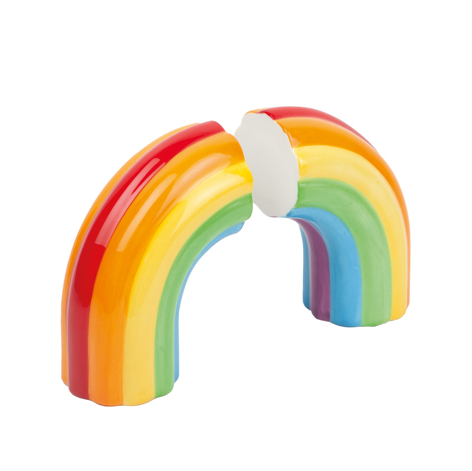 A pair of multicolored rainbow-shaped ceramic bookends designed to hold books upright on a shelf.