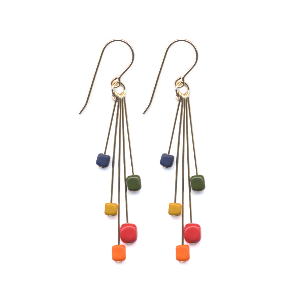 Pair of earrings with colorful beads on a white background