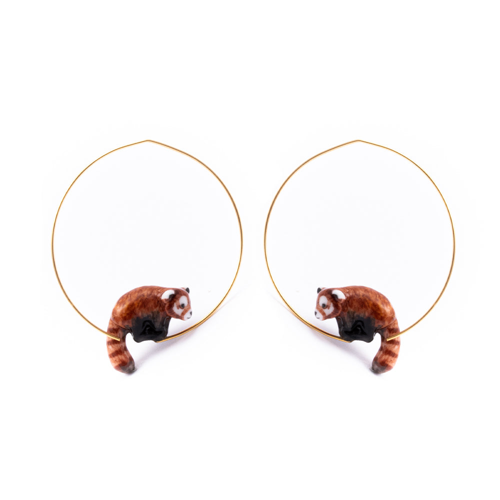 Red Panda small hoop earrings by Nach, porcelain animal detail.