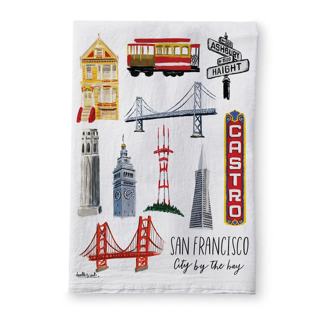 Tea towel with San Francisco icon illustrations.