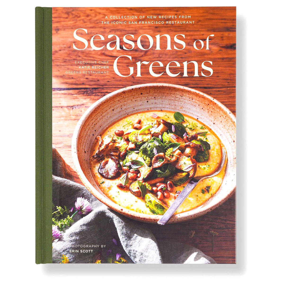 Cookbook titled 'Seasons of Greens' with a bowl of greens on the cover