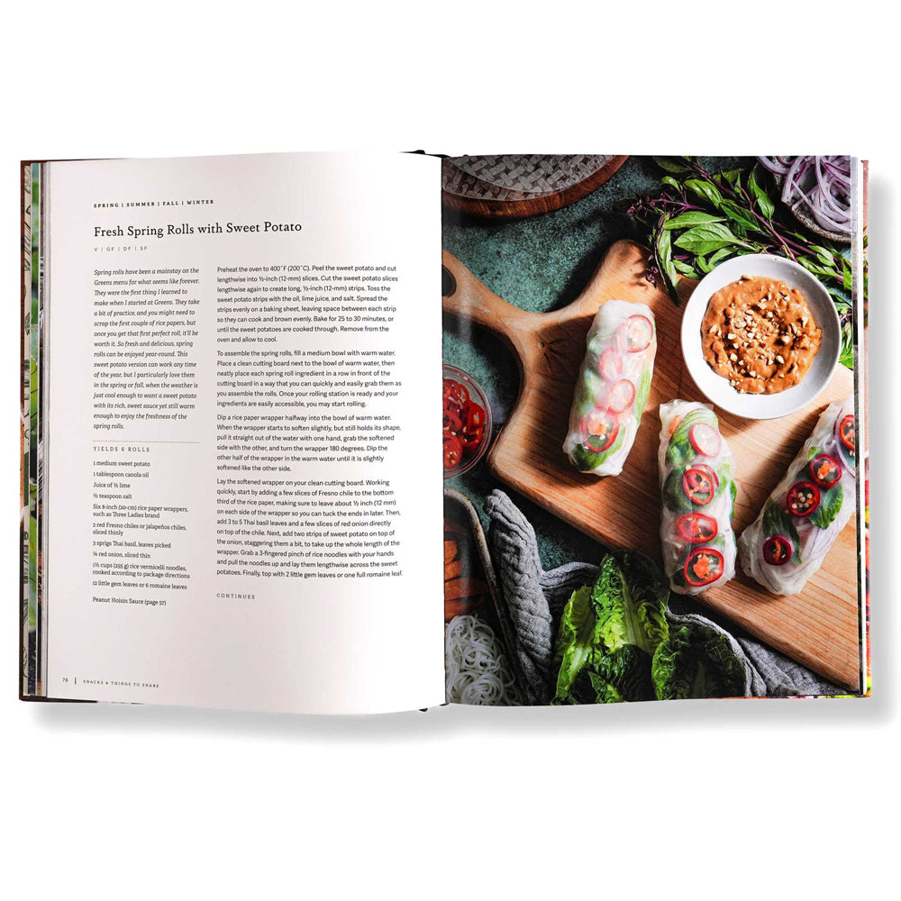 Cookbook titled 'Seasons of Greens' with a bowl of greens on the cover