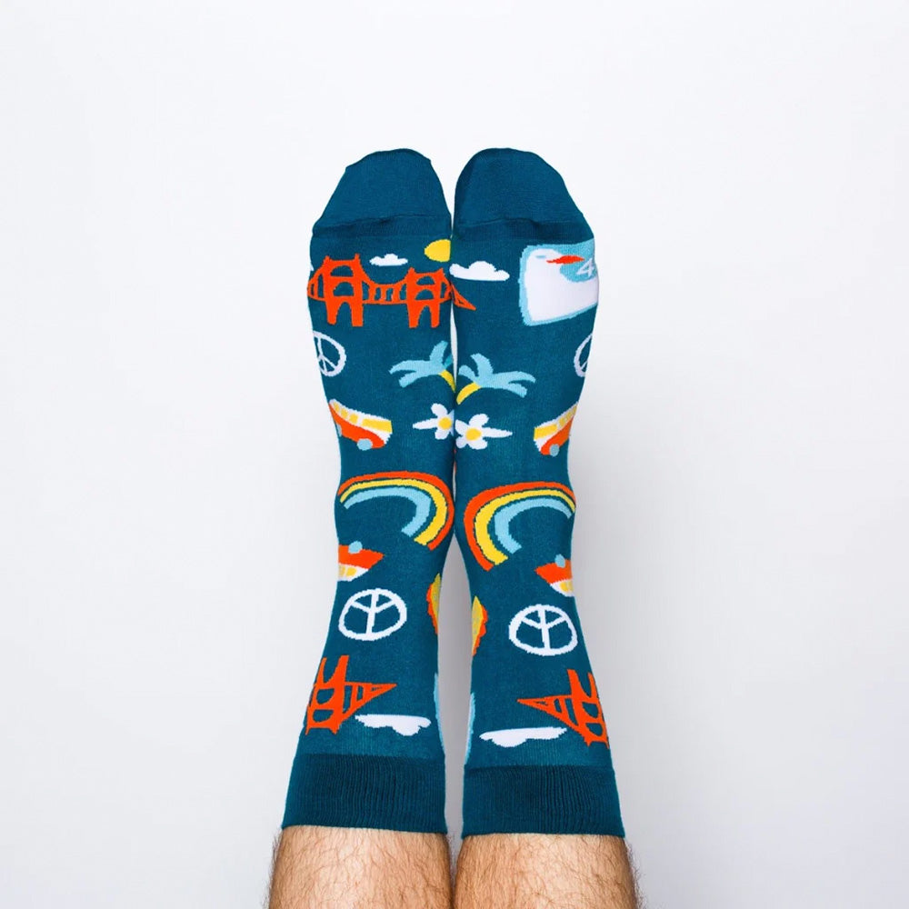 Navy crew socks with SF iconography print, GG bridge, seagulls, tacos, and more.