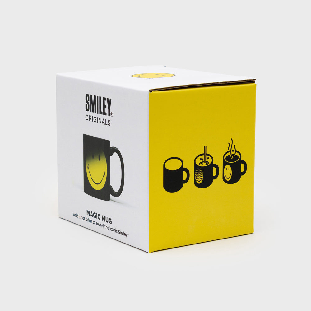 Box packaging of a smiley mug with yellow and white design