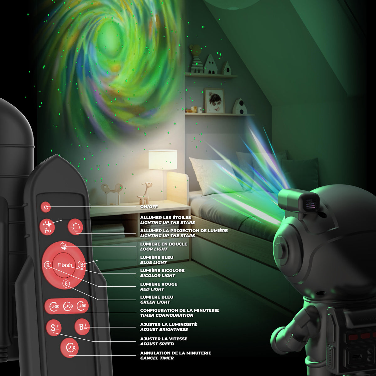 Remote control with star projector in a room with colorful galaxy projection on the wall.